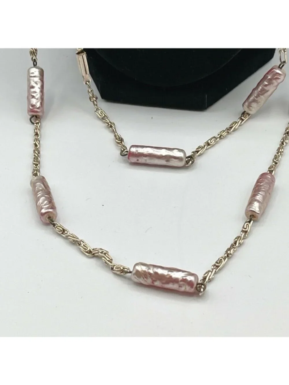 Opera Length Necklace Vintage Pearlescent Pink Bead Station 30" Drop + Earrings - Picture 4 of 9